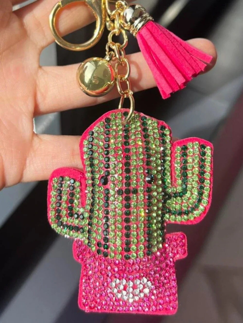 Western Cactus Crystal Rhinestone Keychain Bag Charm With Pink Tassel